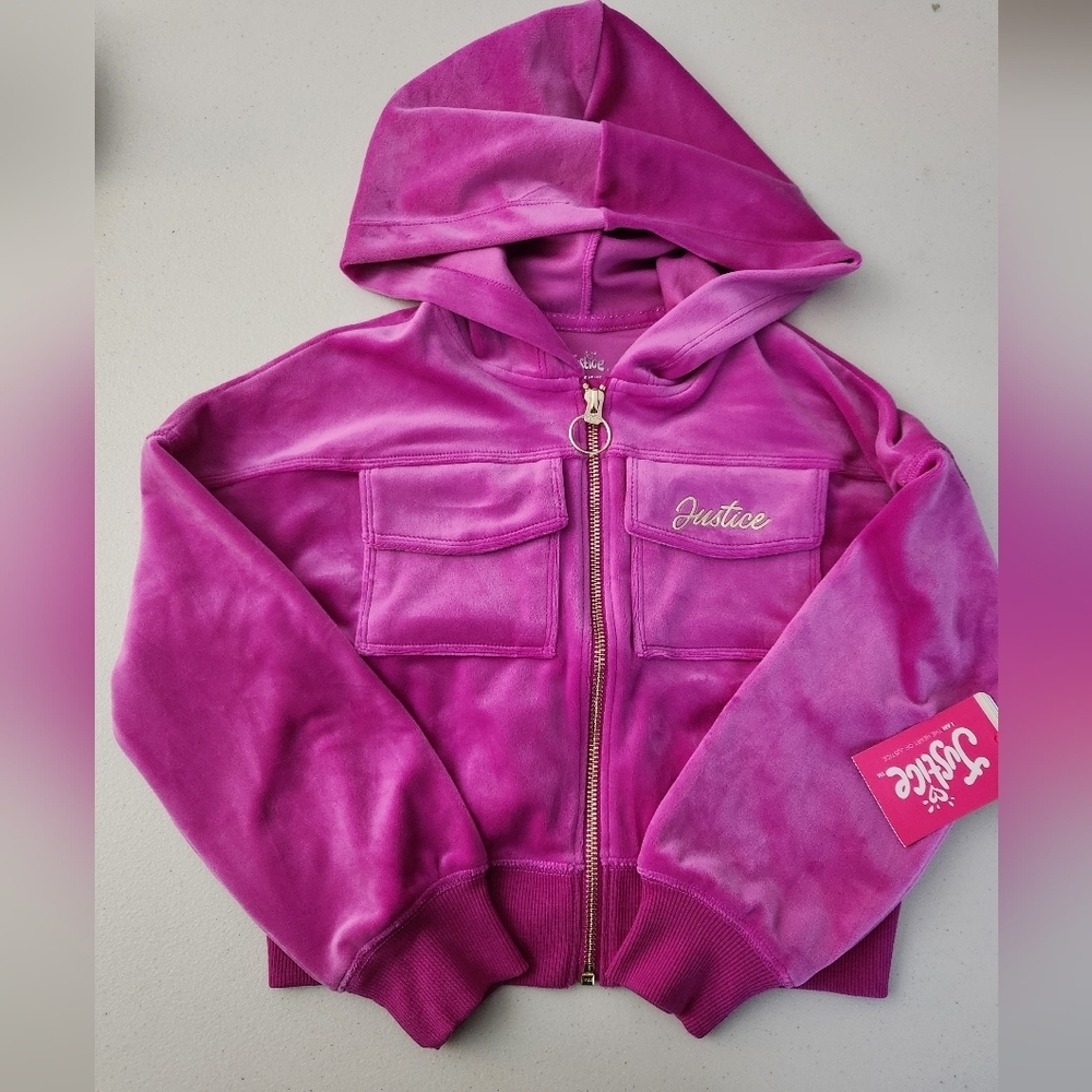 Justice Fuchsia Velvet Zip-Up Girl's Hoodie, XS(5/6), NWT